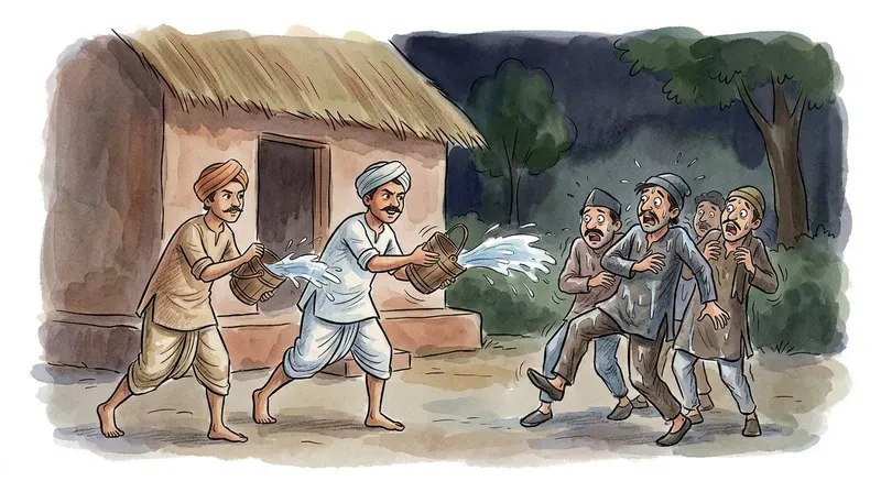 Gopal and Mohan throwing buckets of water on the panicked gang of robbers outside the mud hut