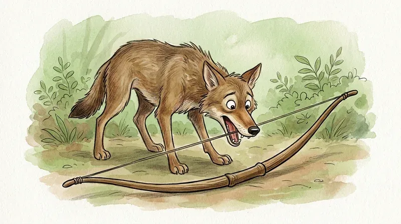 Traditional storybook watercolor painting of a greedy jackal leaning down to bite the bowstring of a wooden bow lying in the forest