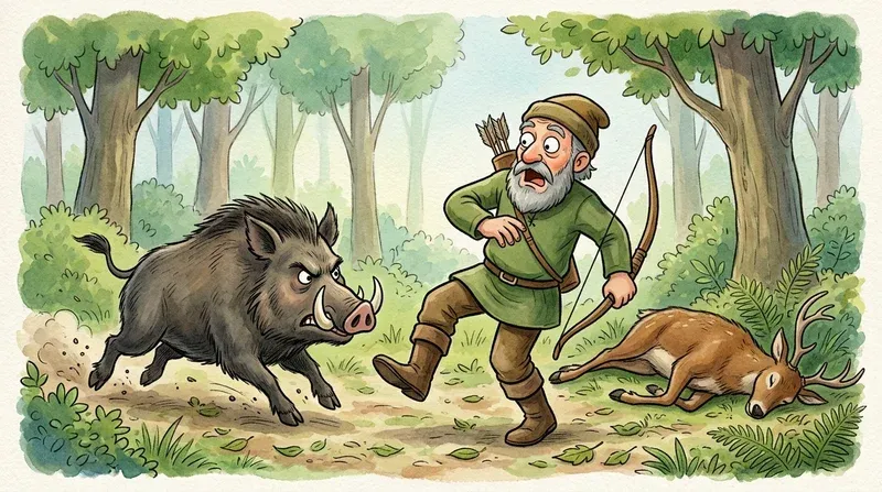 Traditional watercolor illustration of an ancient Indian hunter with his bow facing a charging wild boar in the forest near a fallen deer