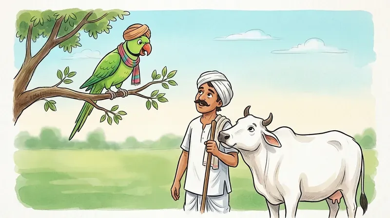 A green parrot wearing a turban and scarf talking to a traditional Indian herder with a white cow nearby