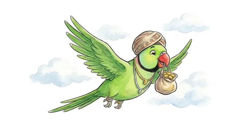A happy green parrot wearing gold jewelry and carrying a bag of coins in its beak flying through the clouds