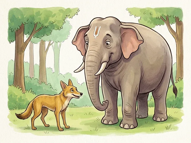A clever old golden-brown jackal bowing humbly in front of the colossal arrogant elephant Karpurtilaka in a forest clearing