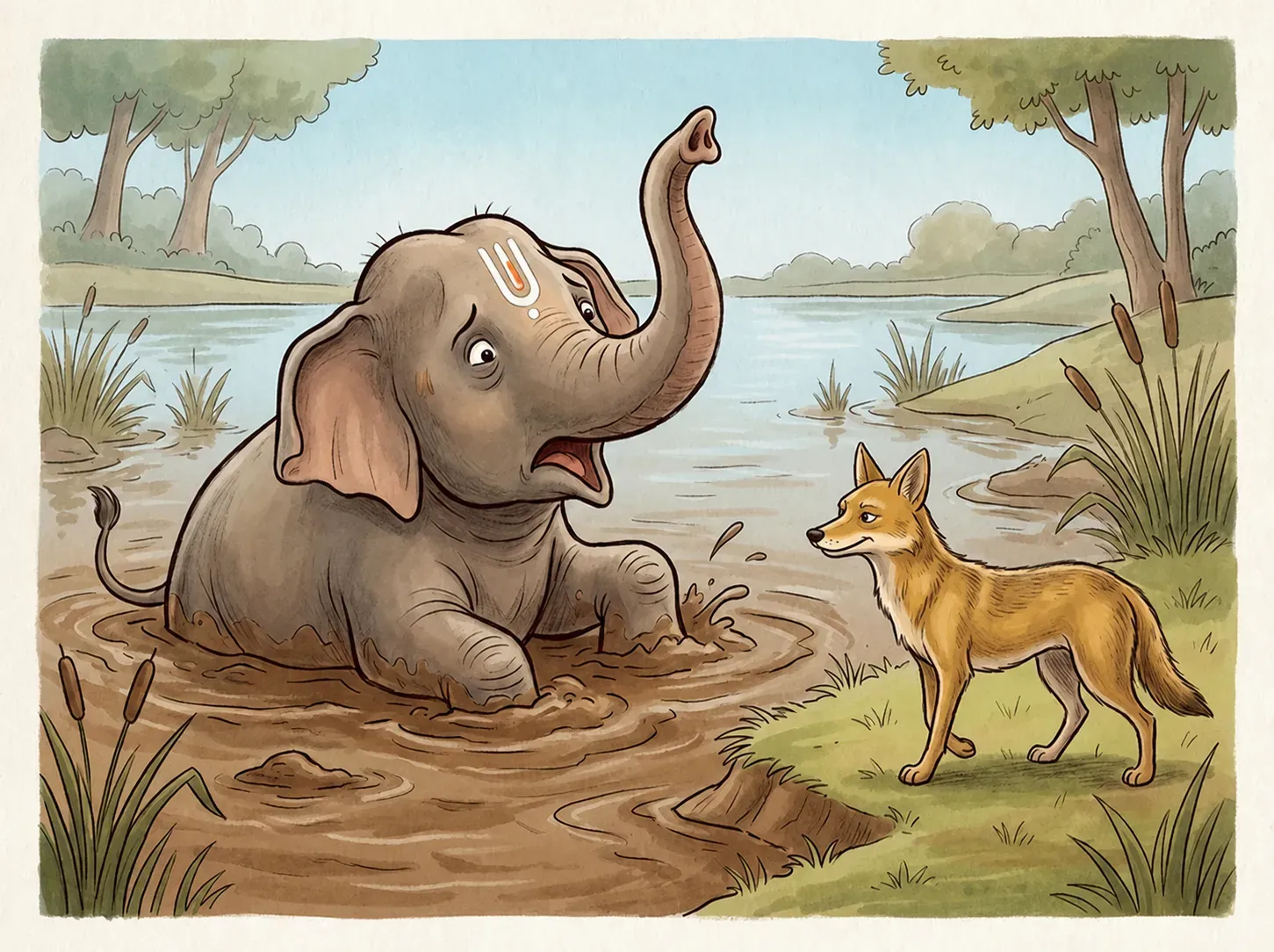 The arrogant elephant Karpurtilaka sinking deep into the muddy swamp while the clever old jackal watches calmly from the bank