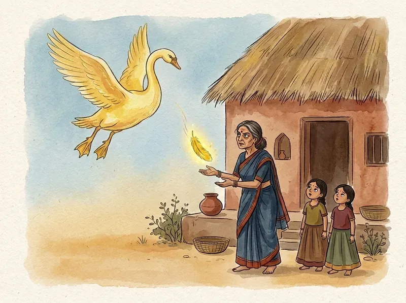 ગરીબ સ્ત્રી અને તેની દીકરીઓને ચમકતું સોનેરી પીંછું આપતા સોનેરી હંસનું પરંપરાગત જળરંગ ચિત્ર