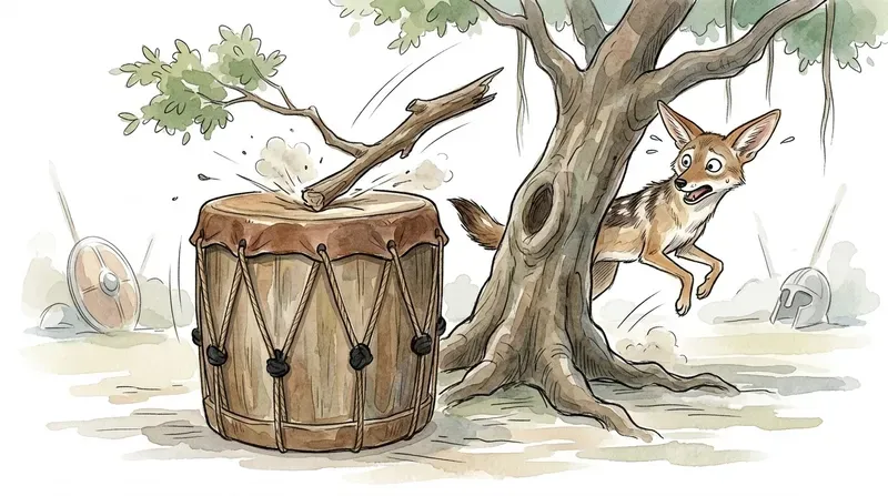Scared jackal hiding from the drum ડરી ગયેલું શિયાળ નગારાના અવાજથી ઝાડ પાછળ સંતાઈ જાય છે