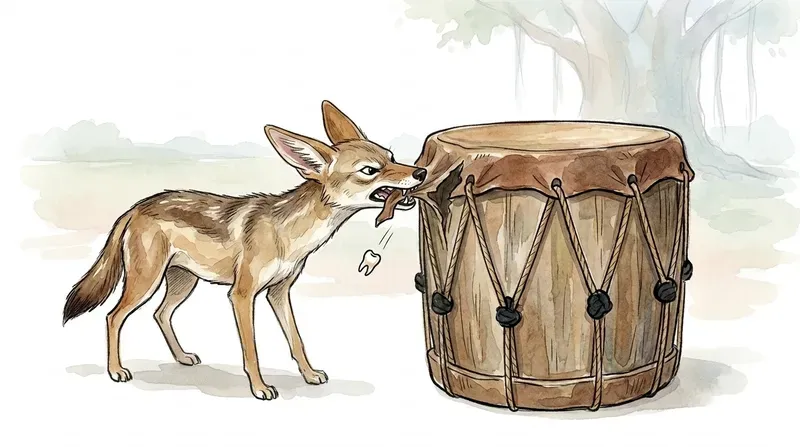 Jackal biting the drum ગુસ્સે ભરાયેલું શિયાળ નગારાને બચકા ભરે છે અને તેનો દાંત તૂટી જાય છે