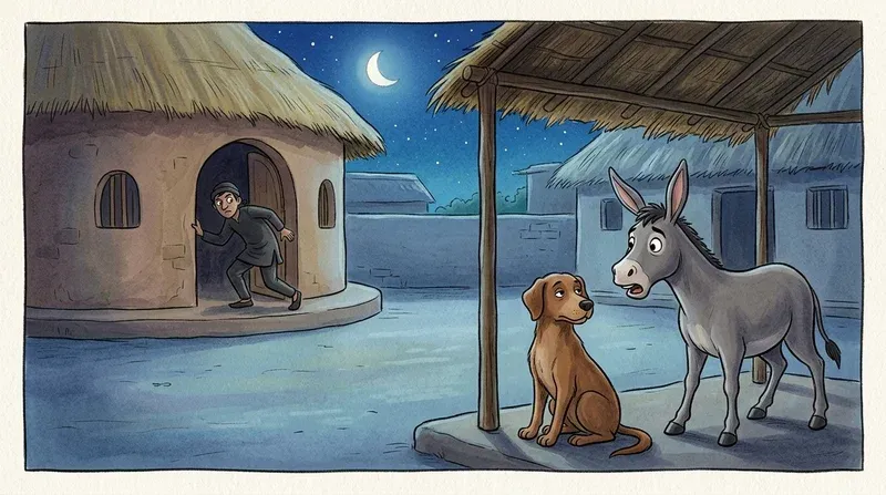 A sneaky thief creeping into the village house at night while the brown dog sits naturally in the courtyard shelter and the gray donkey looks on with wide, shocked eyes