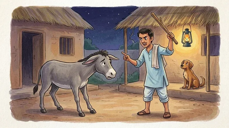 An angry washerman scolding and raising a wooden stick at his frightened gray donkey in the courtyard at night while the brown dog watches quietly