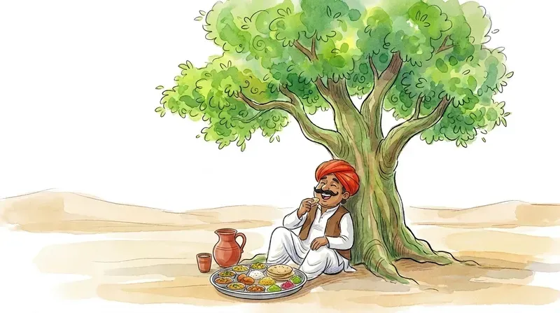 Traveler sitting under Kalp-Vriksha, the magical wishing tree, eating delicious Indian food