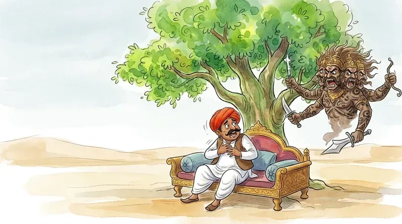 Terrified traveler watching a huge green demon appear before him under the wishing tree